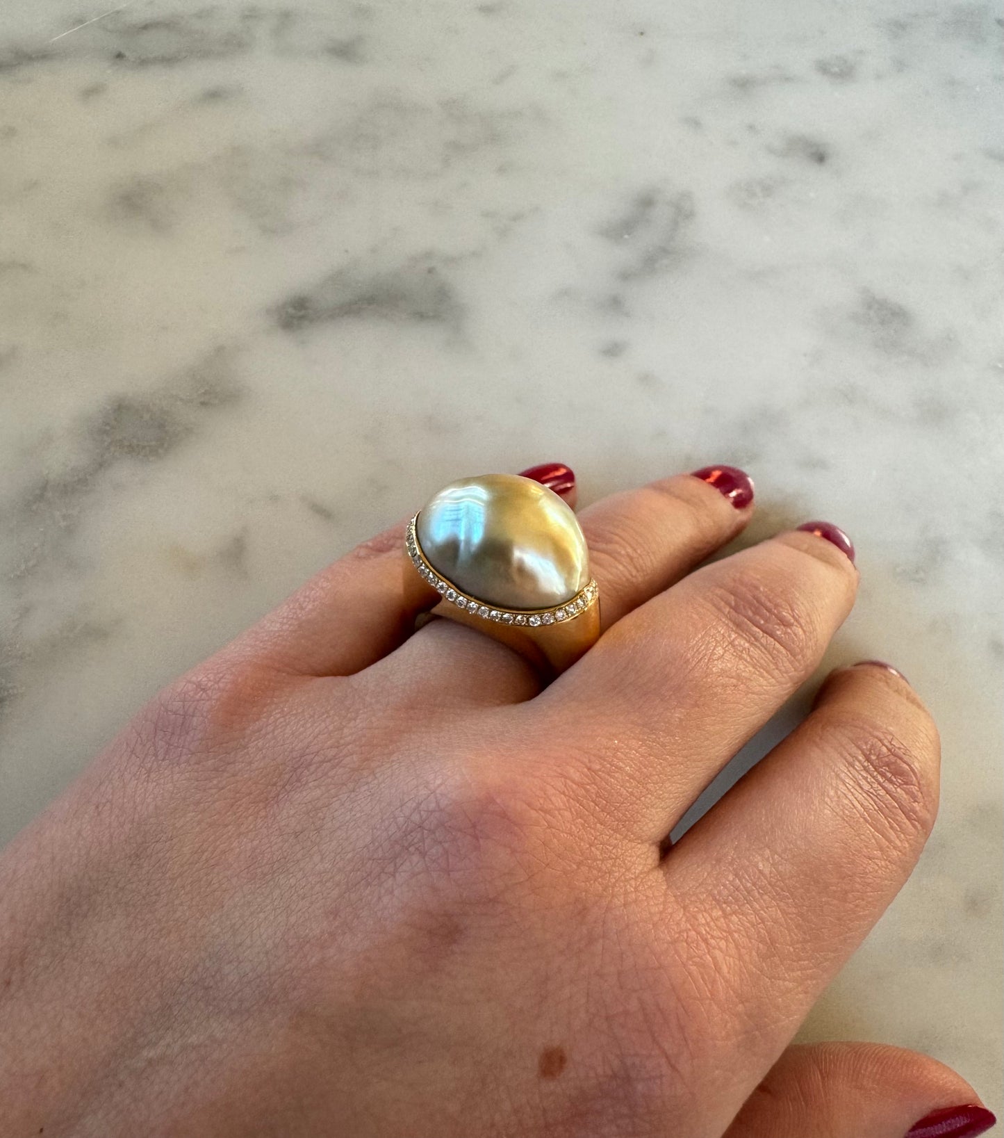 Cultured Baroque Pearl & Diamond Ring