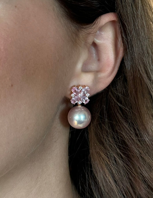 Pink Sapphire, Diamond & Cultured Pink Pearl Earrings