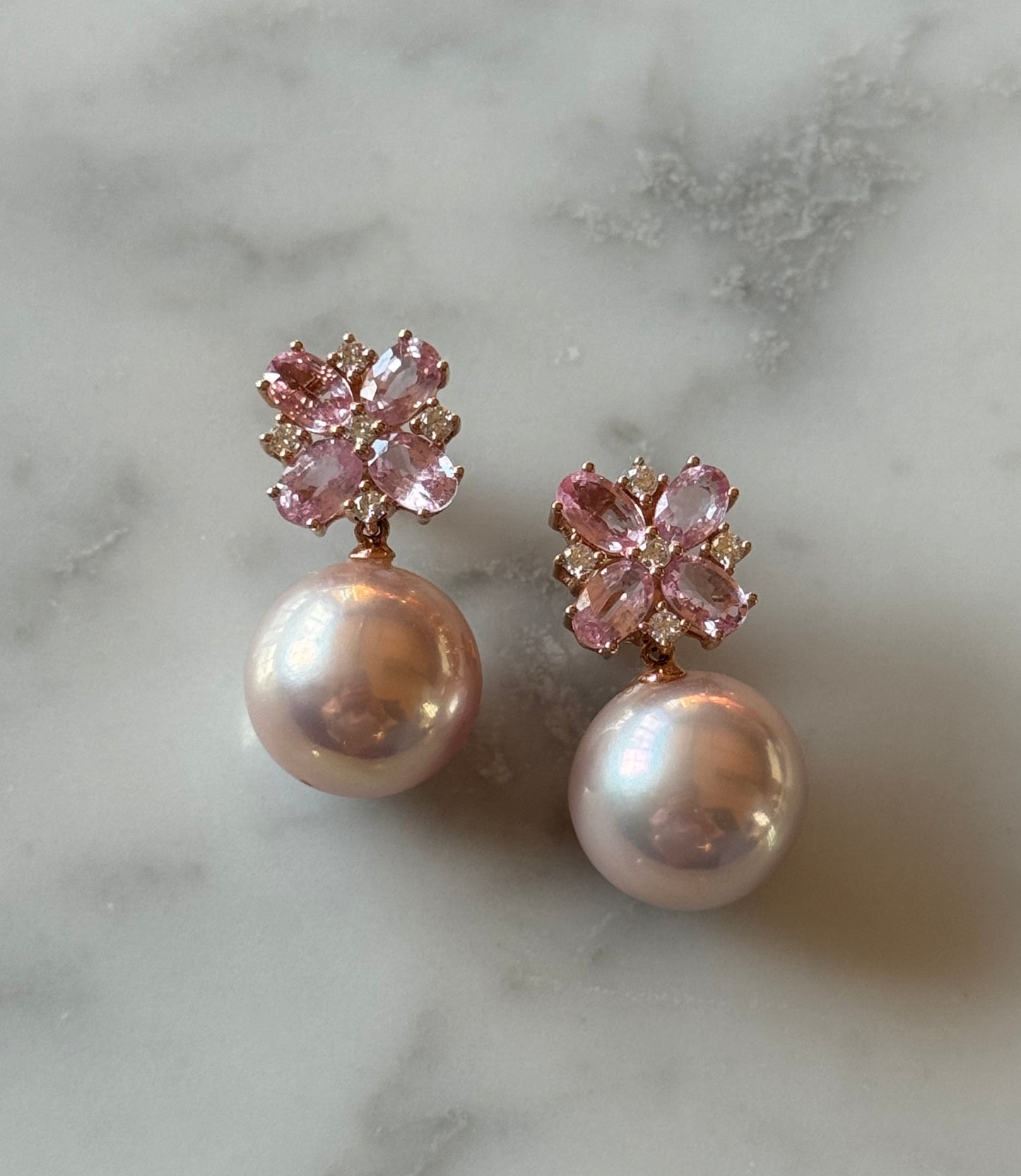 Pink Sapphire, Diamond & Cultured Pink Pearl Earrings