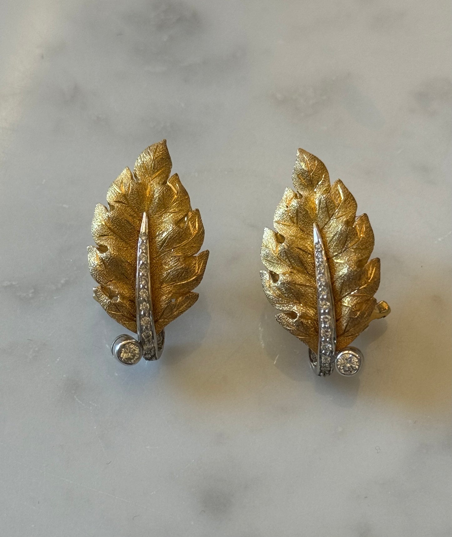 Bicolor Gold & Diamond Leaf Earrings