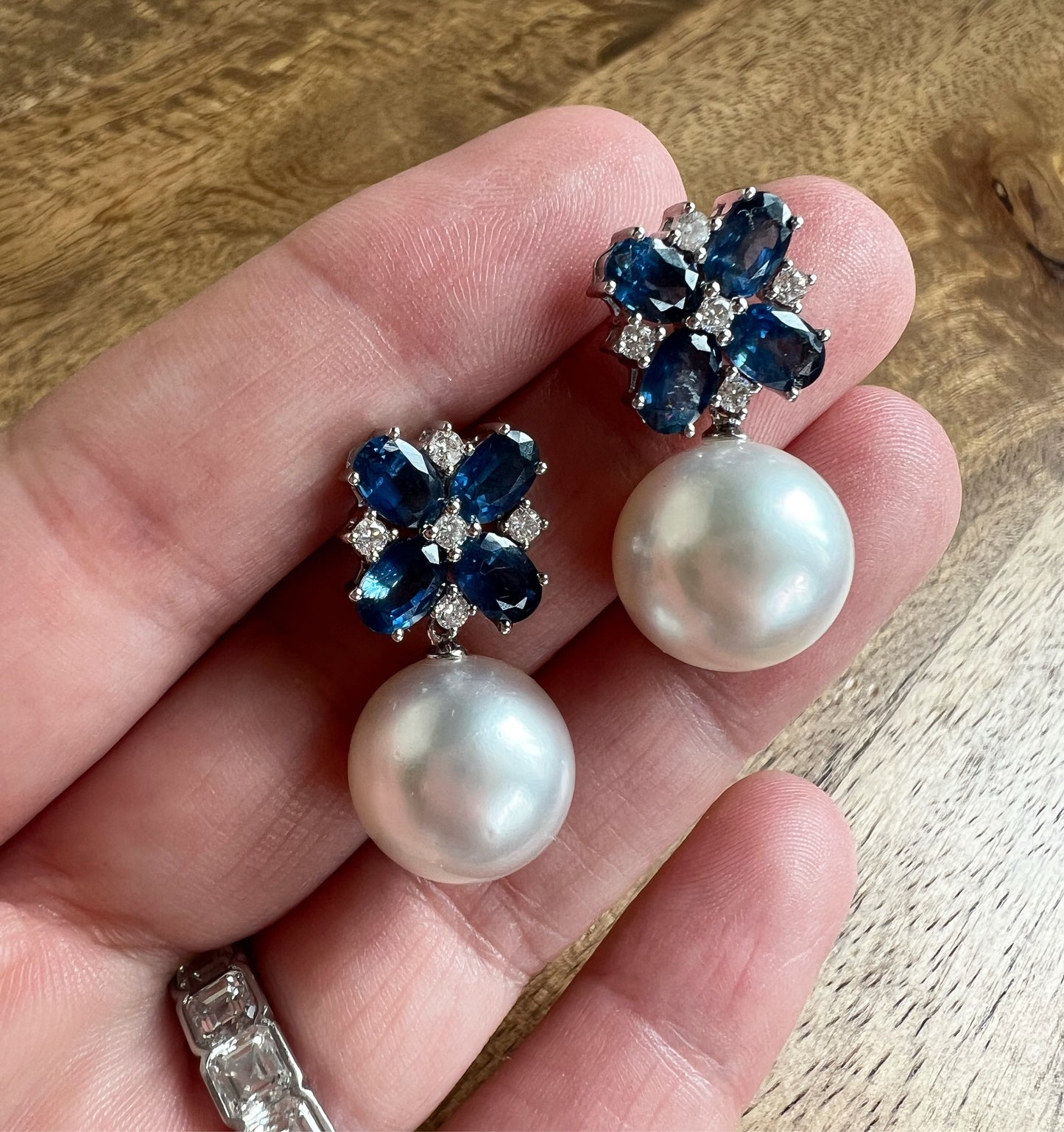 Cultured South Sea Pearl, Diamond & Sapphire Earrings