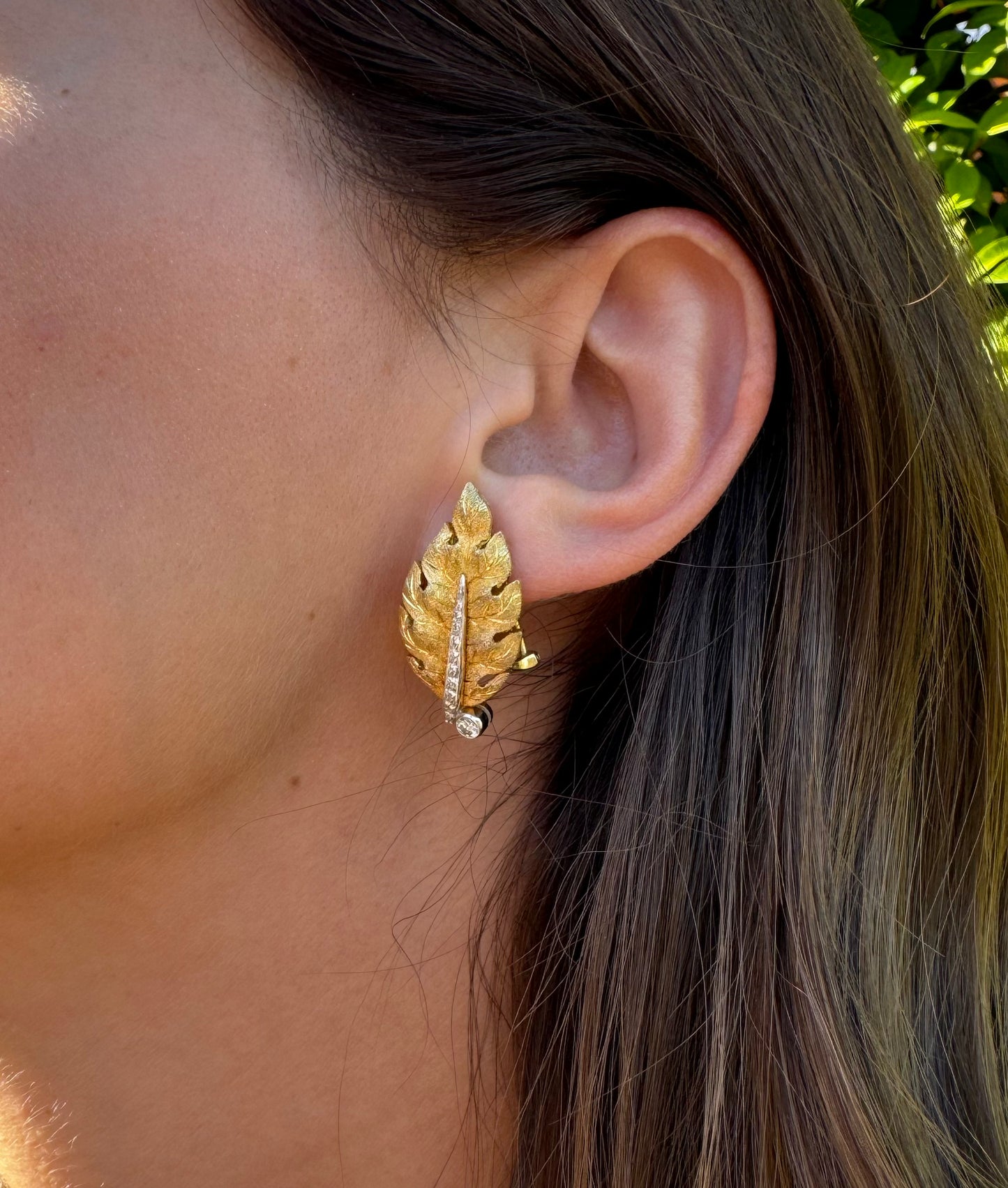 Bicolor Gold & Diamond Leaf Earrings