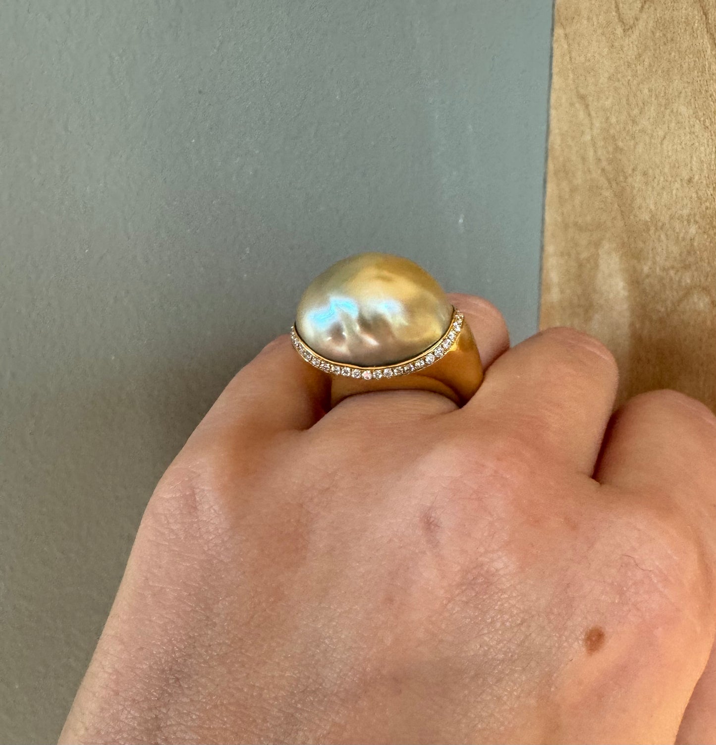 Cultured Baroque Pearl & Diamond Ring