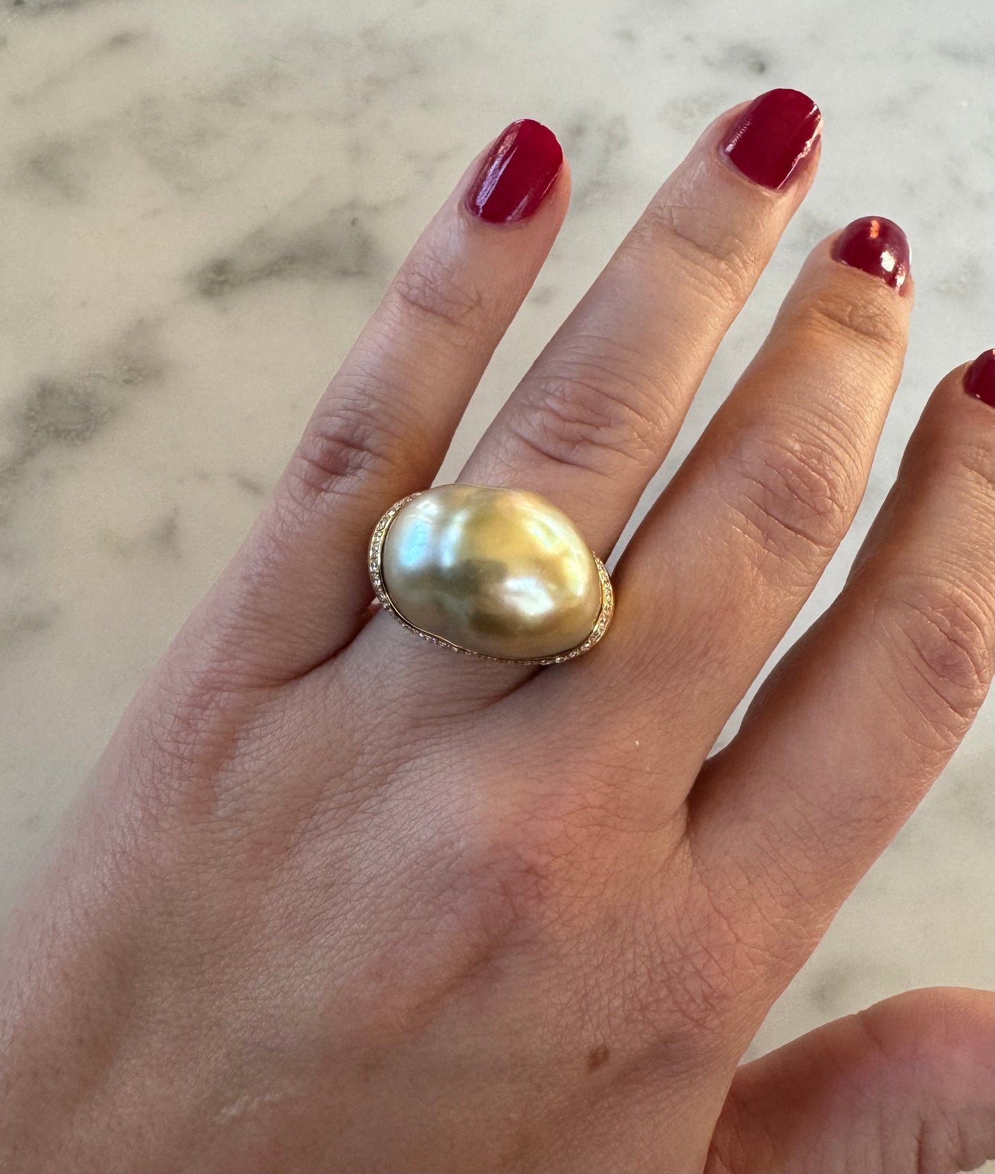 Cultured Baroque Pearl & Diamond Ring