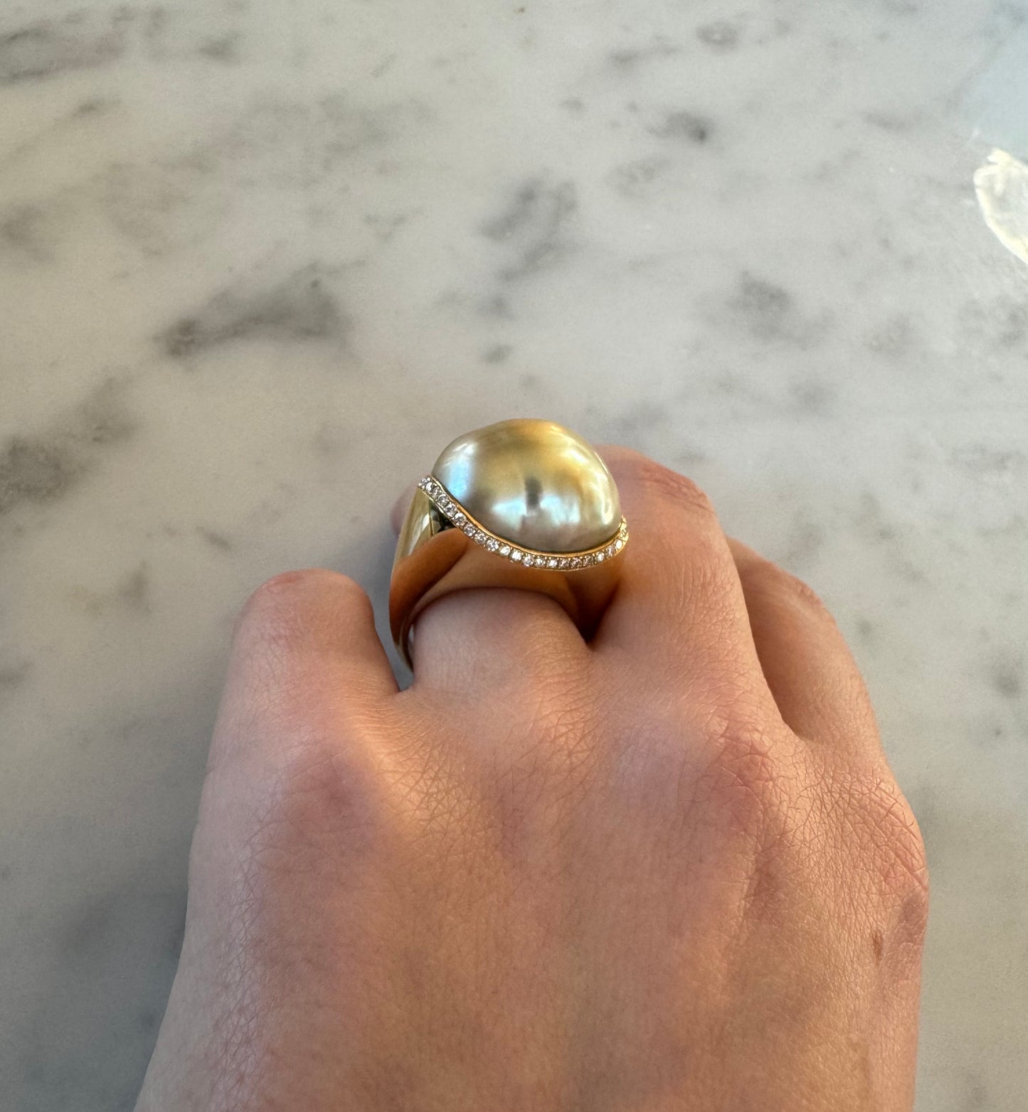 Cultured Baroque Pearl & Diamond Ring