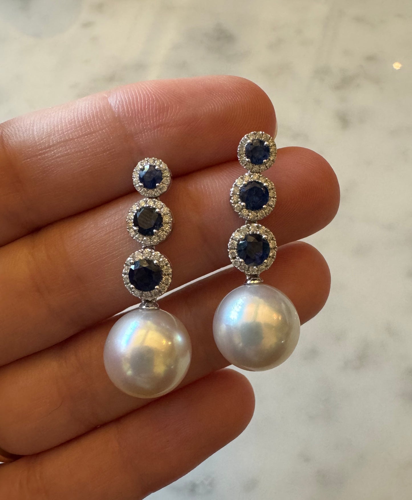 Sapphire, Diamond & Cultured South Sea Pearl Drop Earrings