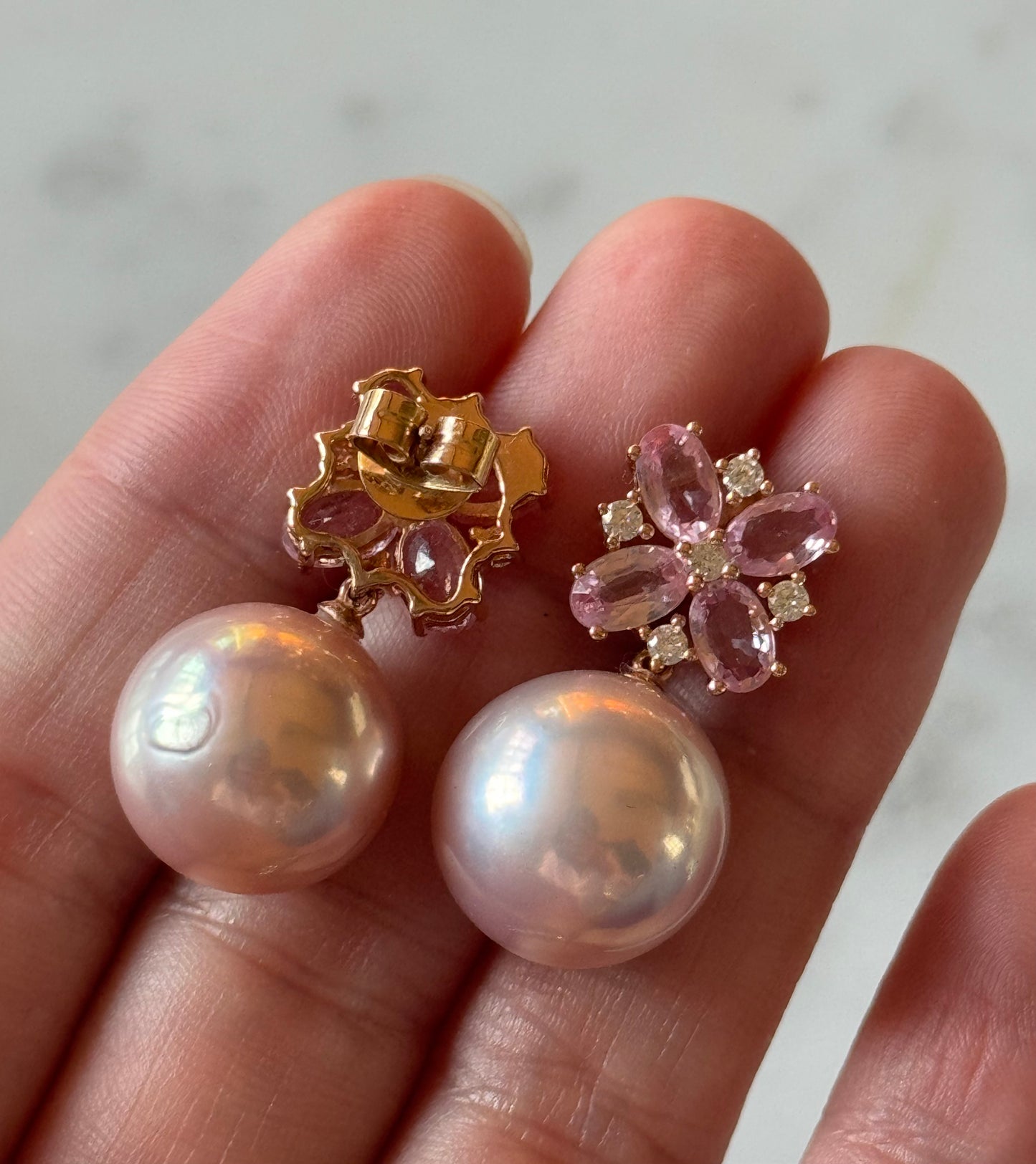 Pink Sapphire, Diamond & Cultured Pink Pearl Earrings