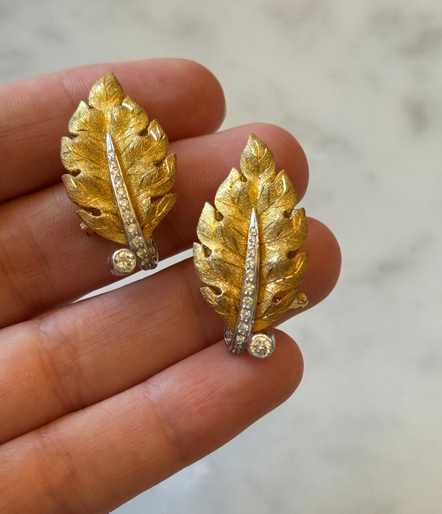 Bicolor Gold & Diamond Leaf Earrings