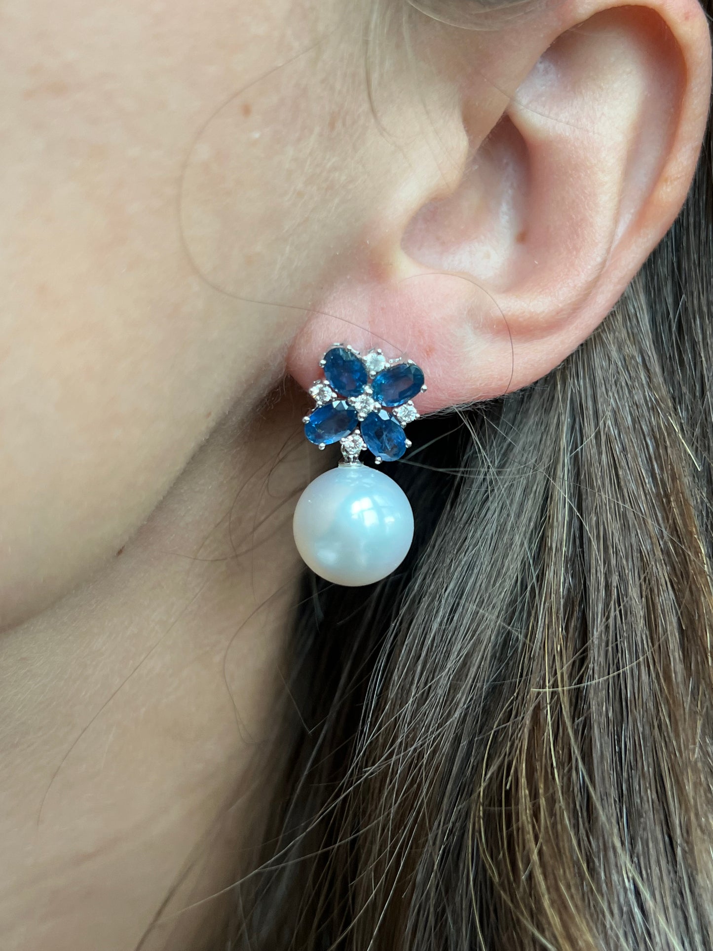 Cultured South Sea Pearl, Diamond & Sapphire Earrings